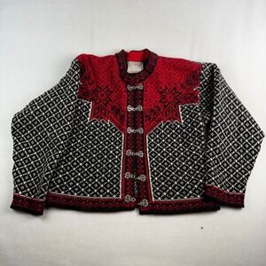 Norlender Norway Wool Cardigan Red Black Nordic Fair Isle Pewter Clasp Womens M